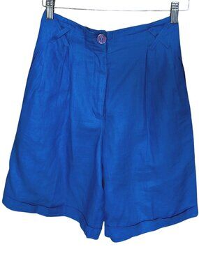 Vintage 100% Linen Wide Leg Bermuda Short High Waisted 80s Toto n Ko Blue